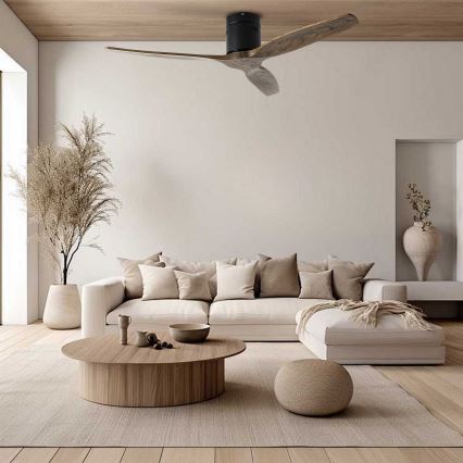 ZEVENTI - Deckenventilator SPELLO Wi-Fi Tuya schwarz/Eiche + Fernbedienung