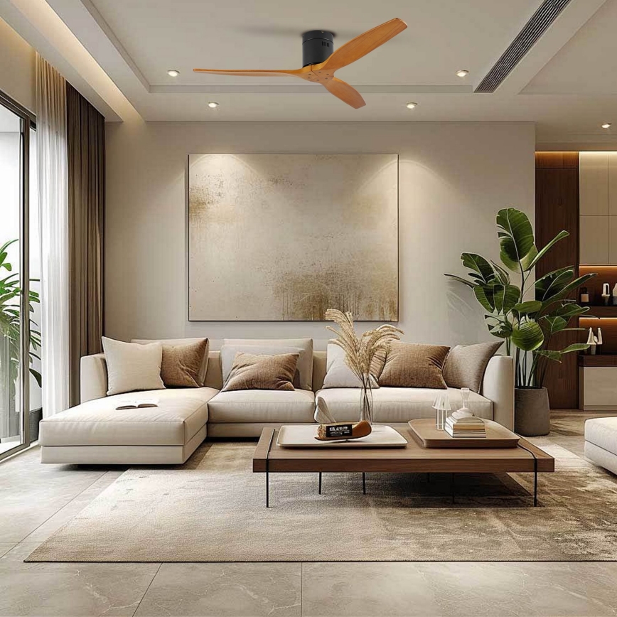 ZEVENTI - Deckenventilator SPELLO Wi-Fi Tuya schwarz/Eiche + Fernbedienung