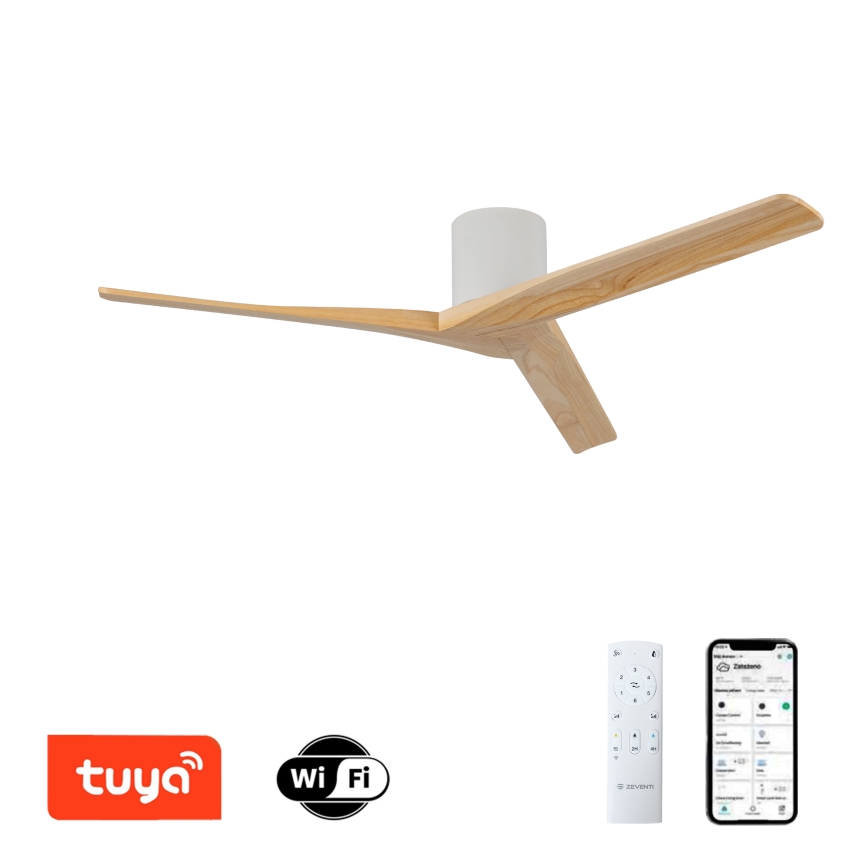 ZEVENTI - Deckenventilator VELLON Wi-Fi Tuya weiß/Paulownienholz + Fernbedienung
