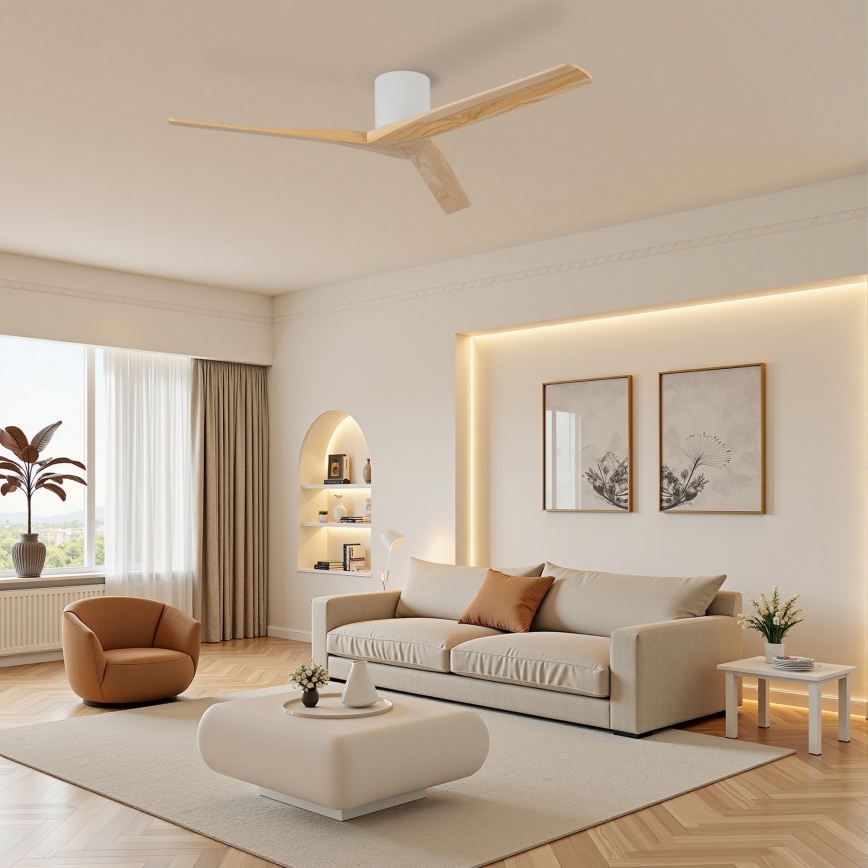 ZEVENTI - Deckenventilator VELLON Wi-Fi Tuya weiß/Paulownienholz + Fernbedienung