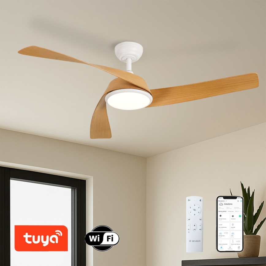 ZEVENTI - LED dimmbarer Deckenventilator AERYS LED/24W/230V 3000/4000/6000K Wi-Fi Tuya weiß/Eiche + Fernbedienung