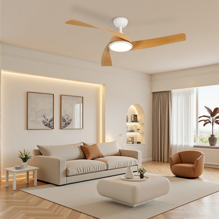 ZEVENTI - LED dimmbarer Deckenventilator AERYS LED/24W/230V 3000/4000/6000K Wi-Fi Tuya weiß/Eiche + Fernbedienung