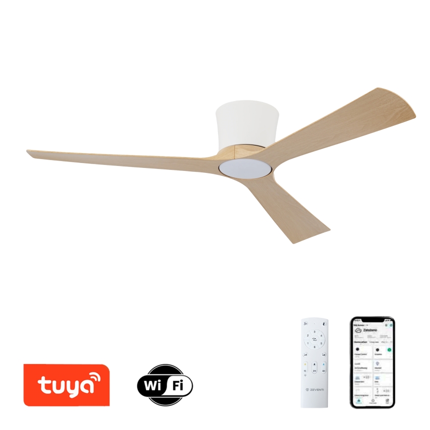 ZEVENTI - LED-dimmbarer Deckenventilator AUREX LED/24W/230V 3000/4000/6000K Wi-Fi Tuya weiß/Eiche + Fernbedienung