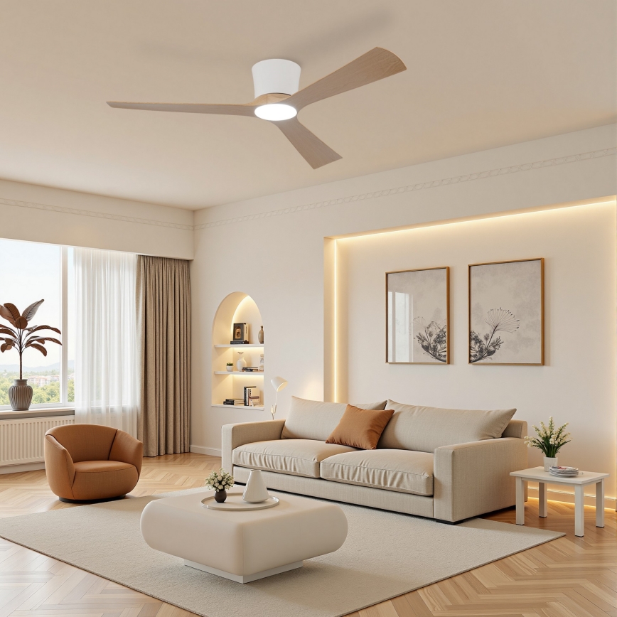 ZEVENTI - LED-dimmbarer Deckenventilator AUREX LED/24W/230V 3000/4000/6000K Wi-Fi Tuya weiß/Eiche + Fernbedienung