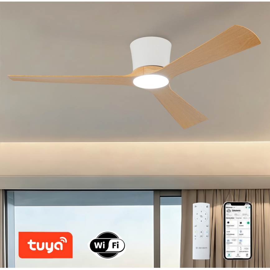 ZEVENTI - LED-dimmbarer Deckenventilator AUREX LED/24W/230V 3000/4000/6000K Wi-Fi Tuya Weiß/Eiche + Fernbedienung