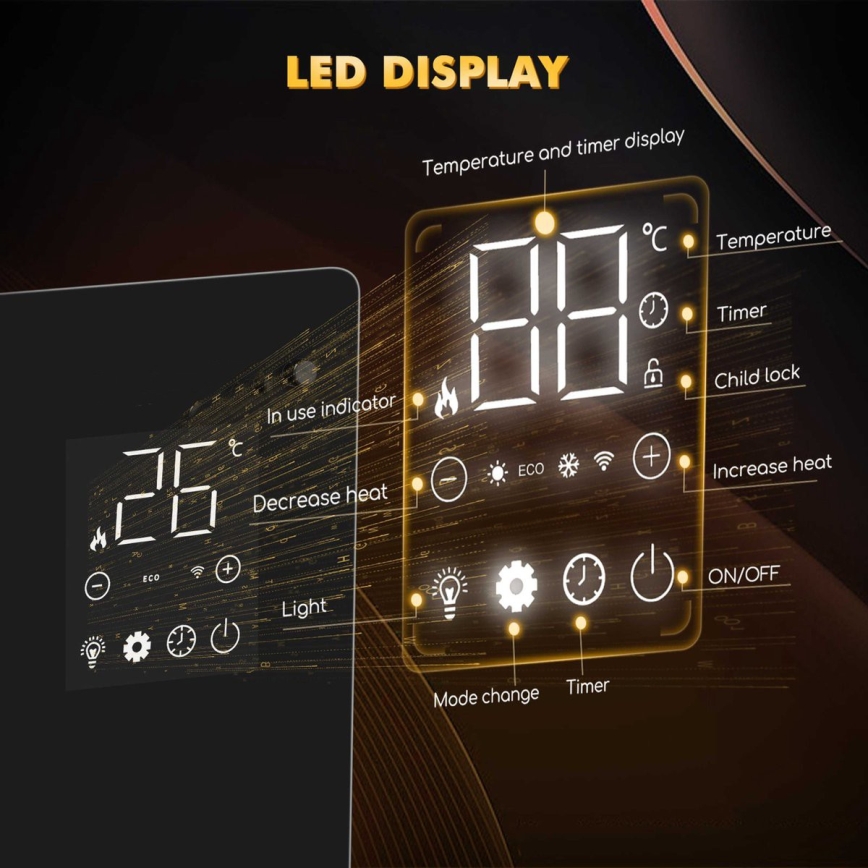 ZEVENTI - Smart wandmontierter elektrischer Direktheizer/Konvektor mit LCD-Display 1000/2000W/230V Wi-Fi schwarz