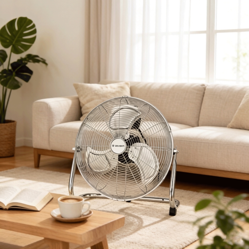 ZEVENTI - Standventilator FLOW 100 W/230 V, Ø 54 cm, hochglanzverchromt